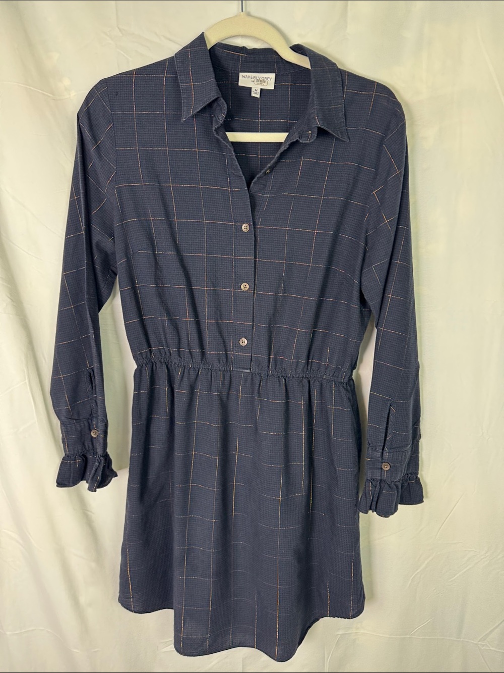Navy Button Down Dress with Gold Thread Plaid